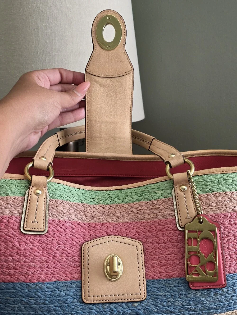 Coach 19361 Hamptons Multicolor Striped Straw Tote Bag Pink Blue Tan Leather Y2K